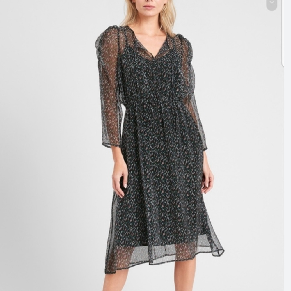 Banana Republic Woman’s Tea Length Black/Multicolored Dress. Size Large.
